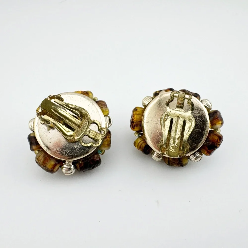 Vintage‎ Japan Brown Glass Bead Cluster Clip On Earrings